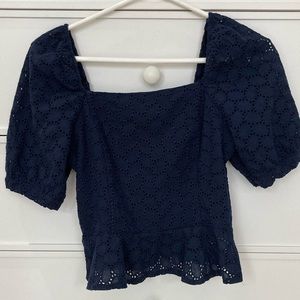 Navy Draper James peplum top with puff sleeve, size small